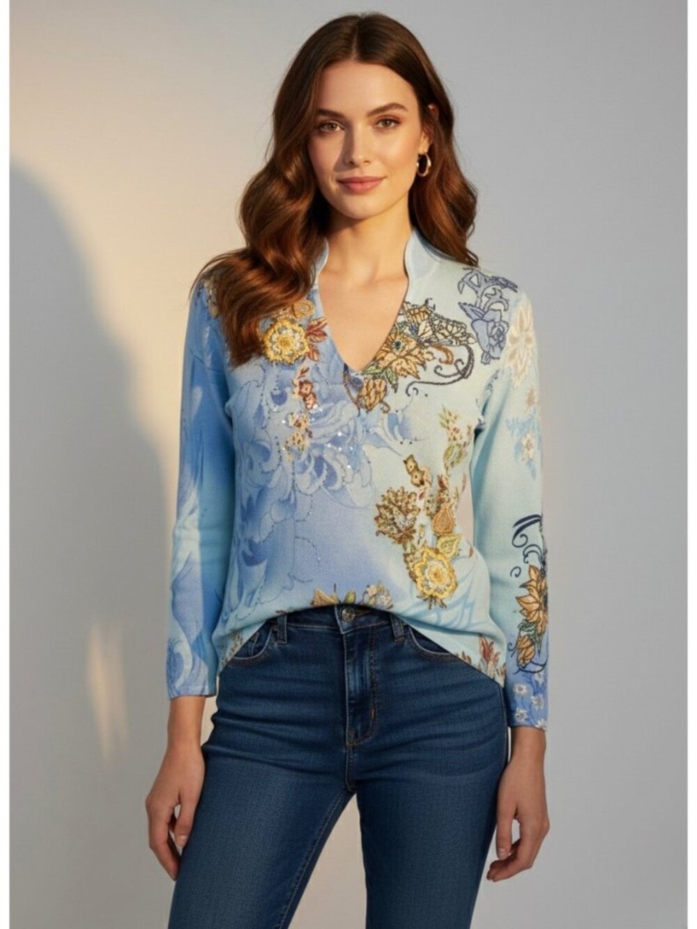 Vtg Alberto Makali Embroidered Floral Beaded Sequin Blue Knit Top M | Boho Indie